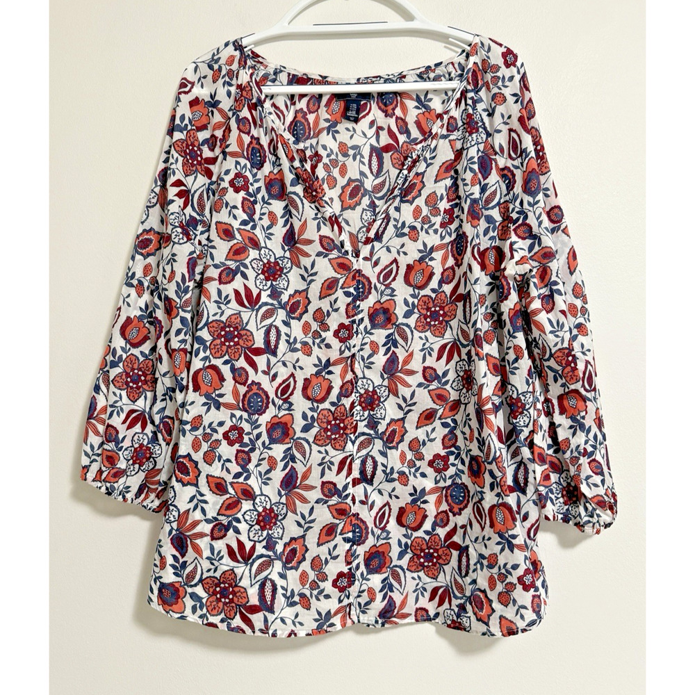 Women's XXL Gap Red Pattern Boho Peasant Blouse 100% Cotton V Neck